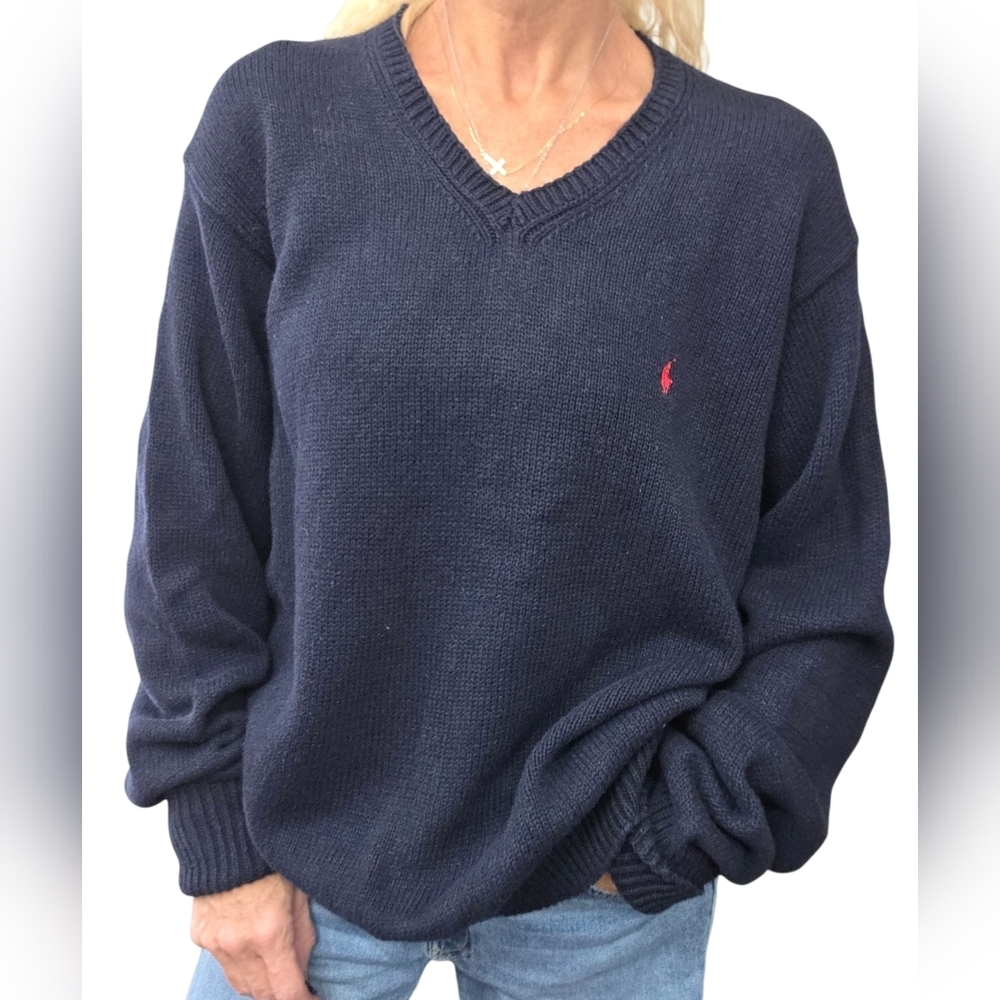 Polo Ralph Lauren Navy V Neck Linen Cotton Knit Sweater XL Preppy Classic - Picture 1 of 8